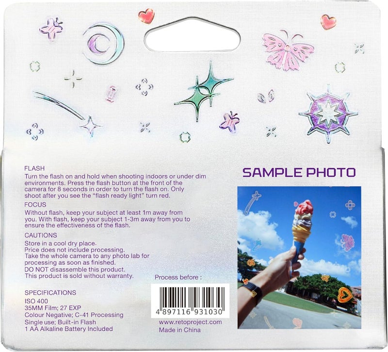 Retocolor Bling-Bling 400 35mm Disposable Film Camera 27EXP, ISO400, Color Negative Film, Focus Free, Easy to Use, Built in Flash, Single Use (Film and Battery Included) - Image 2